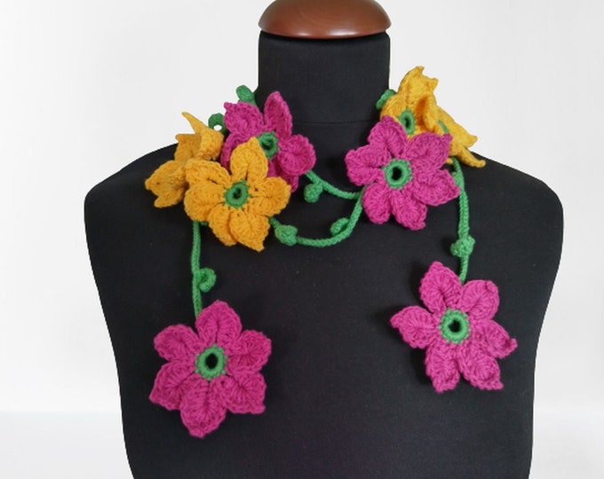 Floral Summer Scarf Pink Yellow Crochet Flowers Lariat Infinity Chain Floral Freeform Extra Long Skinny