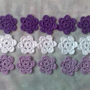 Crocheted flower appliqués 15 small white purple and light image 4