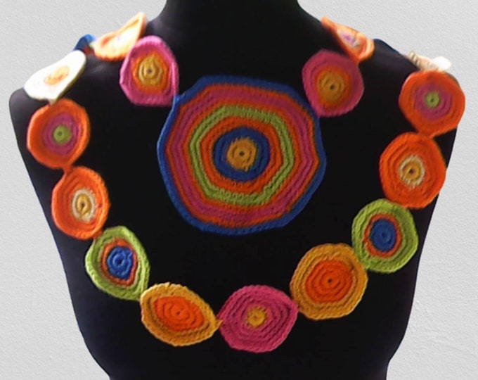 Crocheted drop necklace, beautiful scarf decorated with colorful circles in boho hippie style