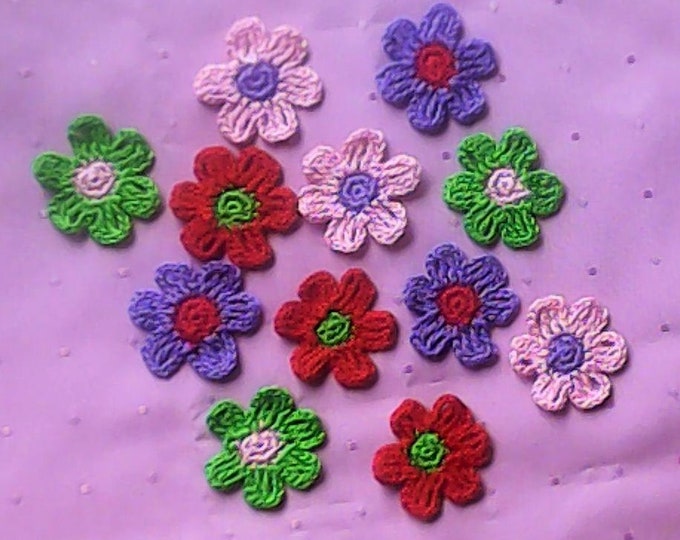 12 colorful crochet flowers in green, purple, pink and red