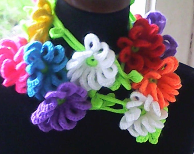 Crochet Flowers Necklace with Colorful Flowers Spring Fashion Skinny Lasso Scarf with Large Crochet Flowers