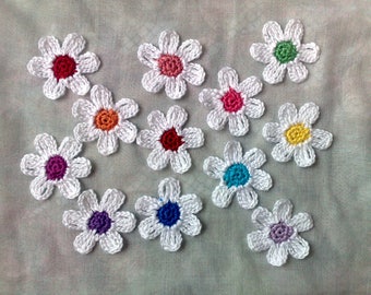White Crochet Flowers with colorful Flower Stamps, 12 Flowers for Decorating Hats and Clothing