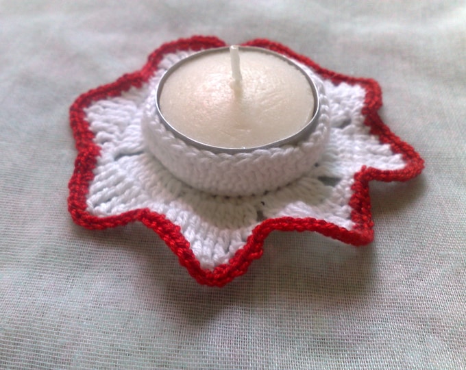 Thanksgiving decoration and Mother's Day gift White crocheted candle holder with red border