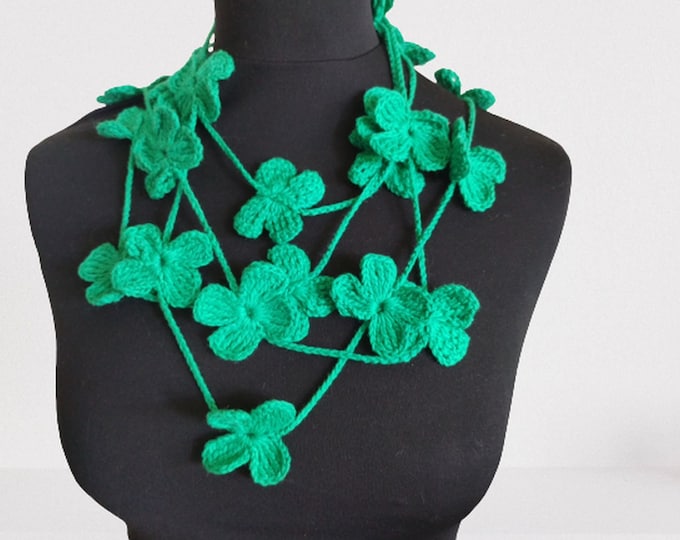 Green Crochet Scarf Fall Accessories Lariat Scarf, Flower Scarf Crochet Necklace, Christmas Gift Gift For Her Women Fashion Accessory