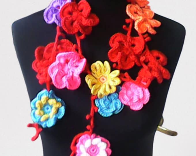 Crocheted flower bowlxtra long, crochet Lariat, Skinny Scarf, Boho Flower Necklace, Mother's Day Gift, Crochet, Accessories Length 69"