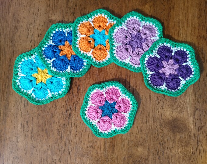 Crochet Coasters African Flower 9cm Drinks Mats for Poolside, Bar, Grill. Handmade by crochet shop Setervika