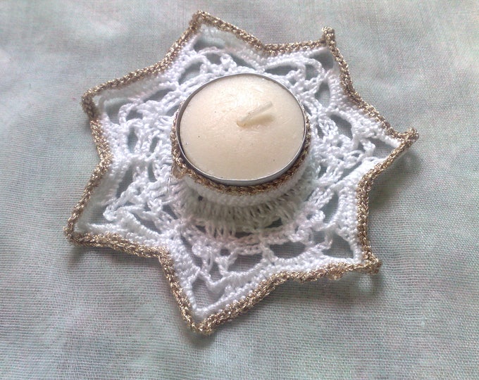 Tealight holder in white with border in gold, candle holder crocheted, gift, candlestick, decoration, Thanksgiving, room decoration