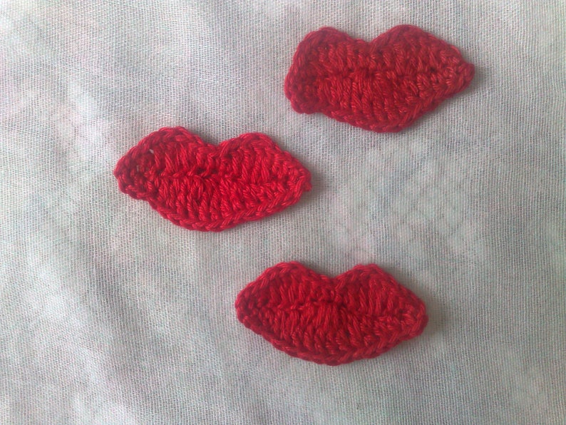 Red lips crocheted, 3 pieces crocheted mouth crochet application, lip patch, bulging red cotton lips image 2