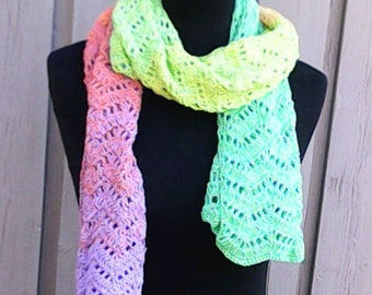 Very long 70" and wide 12" colorful crocheted scarf gradient yarn nice pattern long and wide scarf