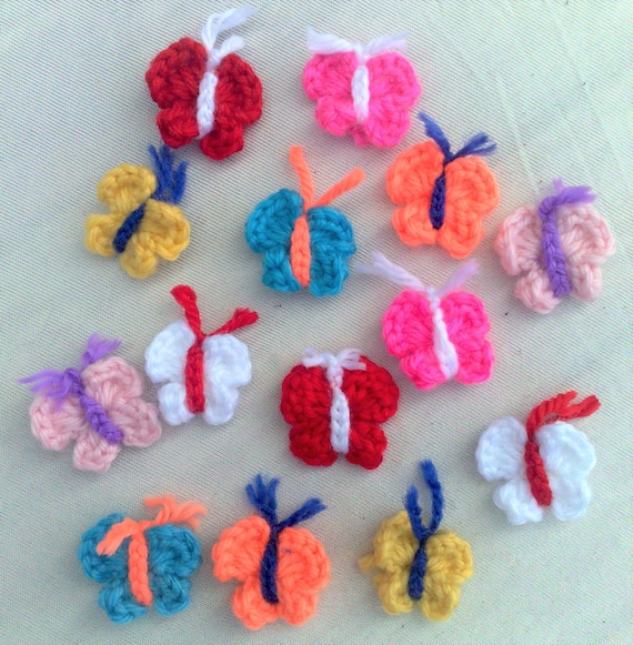 Small colorful butterflies crochet application in cotton crochet, 14 pieces