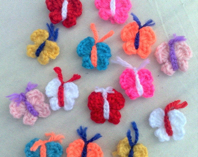 Small colorful butterflies crochet application crocheted in cotton, 14 pieces