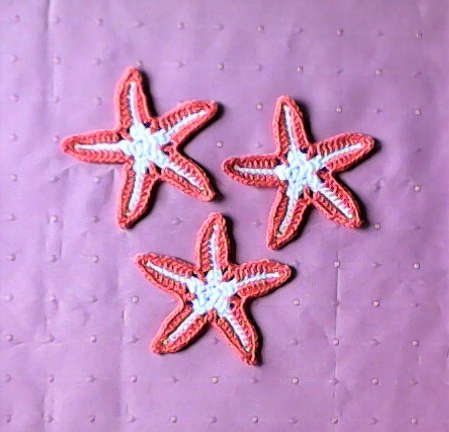 Crocheted starfish pink and white, 3 Crochet starfish applique for