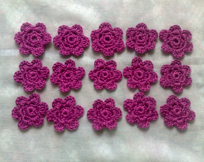 Crochet flowers for scrapbooking in cotton cherry red, crochet appliqués in a set of 15 pieces