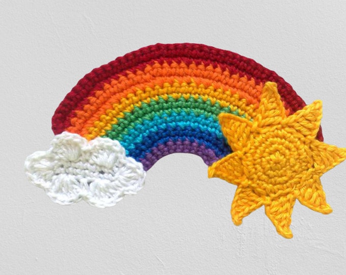 Rainbow appliqué with sun and cloud crochet patch