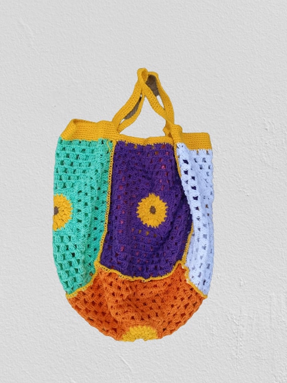 Crochet sunflower granny square bag, crossbody bag, student bag, flower cochet tote bag, crochet granny square bag