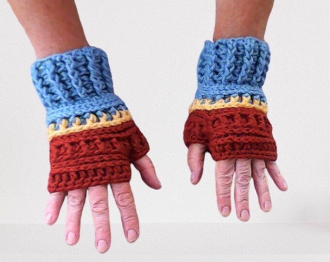 Fingerless Gloves Winter Arm warmer blue brown crochet gloves hand crocheted gloves women wrist boho gift for her