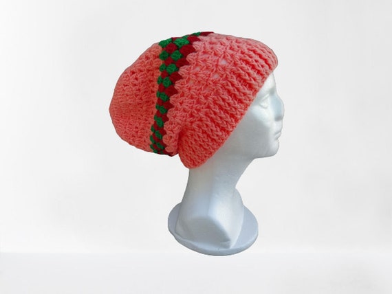 Oversize Women's Beanie Winter Hat apricot with Red Green Stripe Wool Cap Acrylic Chunky Cap Slouchy Cap, Slouchy Beanie, Souffle Beret
