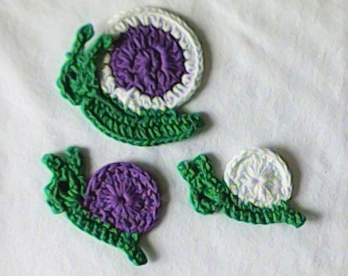 Crochet snail set 3 pieces, appliqués sewing up for baby clothes, card making, crochet appliqués for blankets