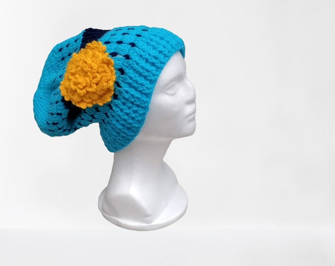 Boho cap, hipster cap, crochet cap, women's cap, slouchy beanie, beach cap, summer cap, weekender slouchy cap, turquoise with yellow flower