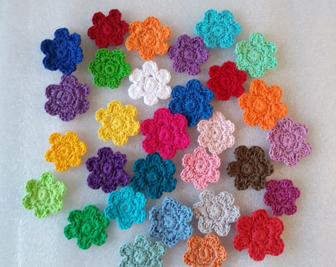 30 small crocheted flowers, colorful flowers, crocheted