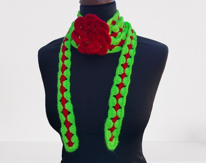 Flower necklace lariat crochet scarf red and green with red crochet flower floral accessory spring fashion extra long narrow scarf 90"