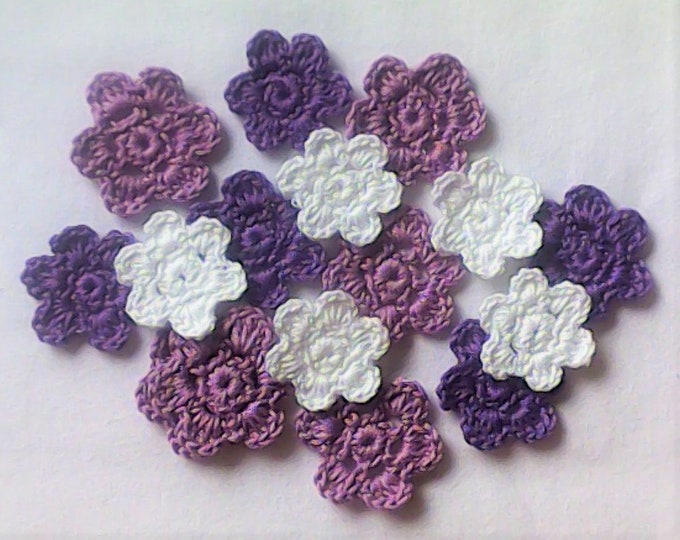 Crocheted flower appliqués, 15 small white, purple and light purple crochet flowers