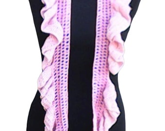 Pink Long Narrow Scarf Boho Ruffles Crochet Scarf for Women Length 67"