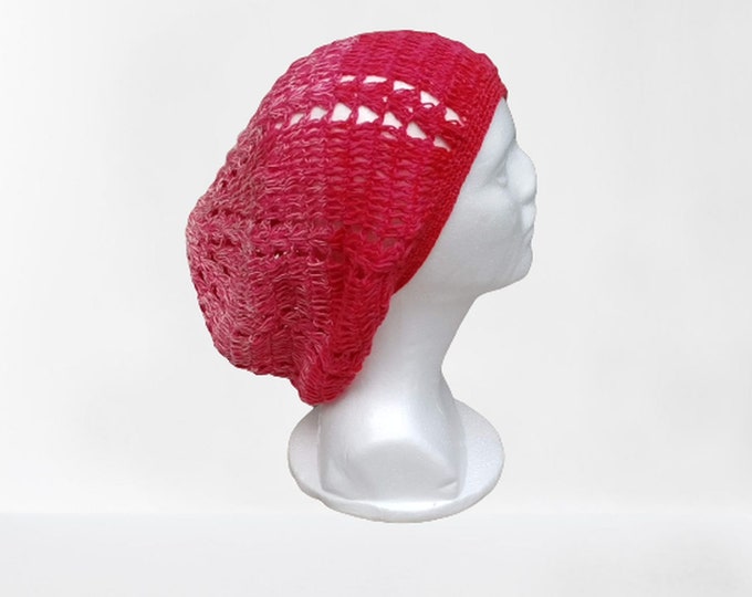 Hat Beanie gradient pink red, Boho cap, Hipster cap, Crochet cap, Women's cap Slouchy Beanie, Beach cap, Summer cap, Weekender cap