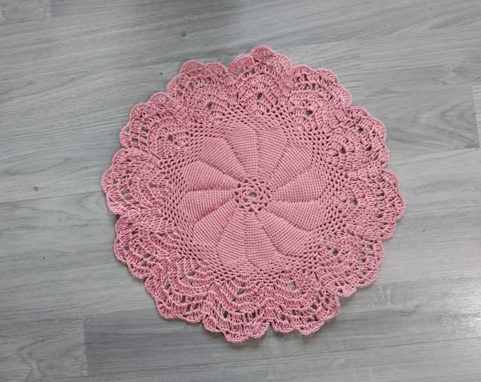 Extraordinary handmade crocheted doily, extravagant and unusual lace doily in pink cotton