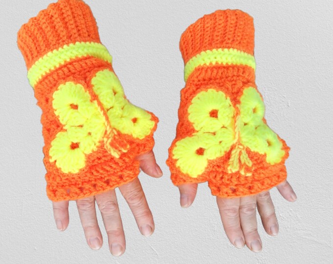 Crocheted fingerless butterfly gloves, winter gloves, gloves arm warmers with a large yellow crocheted butterfly