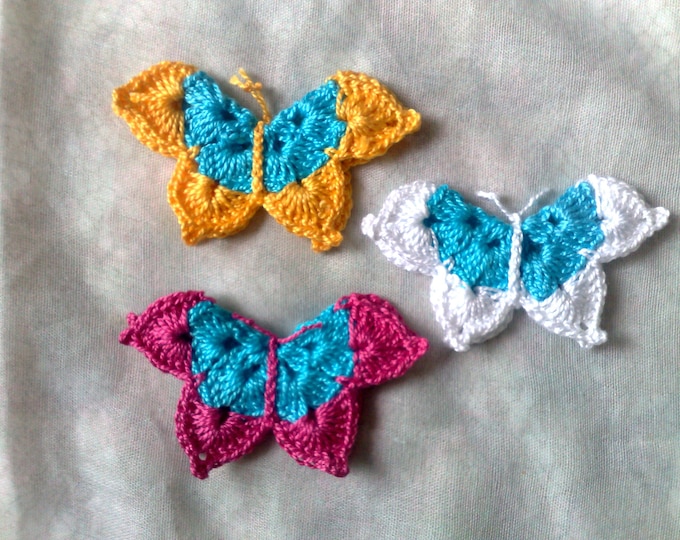Crochet butterflies-3 large patches-butterfly applique three-dimensional-yellow butterfly-white butterfly-butterfly pink