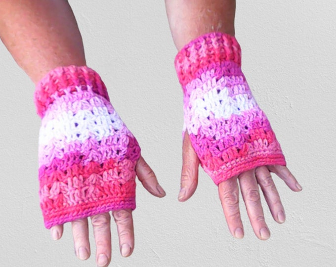 Fingerless gloves, crochet fingerless gloves, red shades, multi-coloured