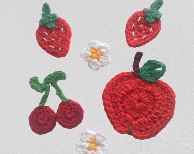 6 crochet appliques, handmade crocheted patches in a set strawberries apple flowers and cherries crochet