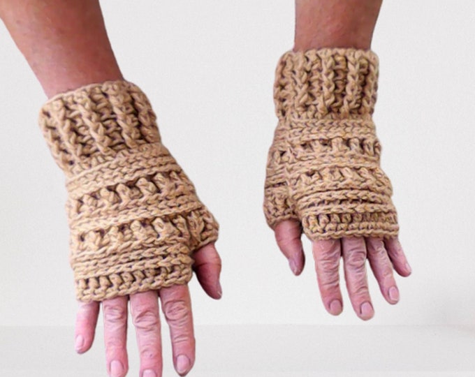 Hand crocheted fingerless gloves color beige, fingerless short arm warmers, warm winter gloves