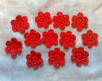 12 red crocheted mini flowers for scrapbooking and to decorate clothes