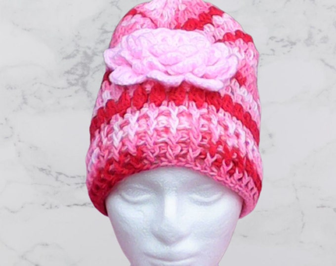 Red Pink White Crochet Slouchy Hat with Flower Crochet Cap Red Knitting Hat Pink Slouchy Beret Crochet Women Hat Slouch Hat White Slouch Cap