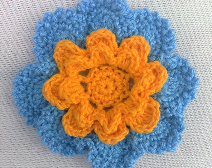 Applique hand crocheted flower blue and yellow cotton 3.5 inches