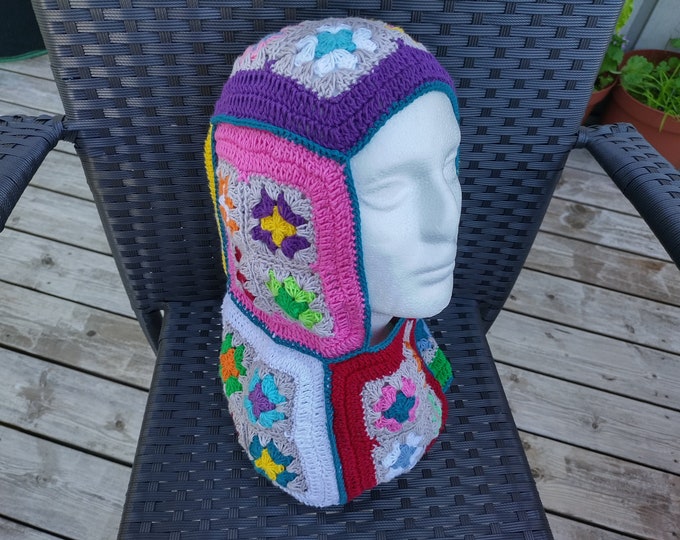 Crochet Balaclava, Colorful Balaclava, Granny Square Balaclava, Handmade Hoodie, Handmade Balaclava, Crochet Cotton