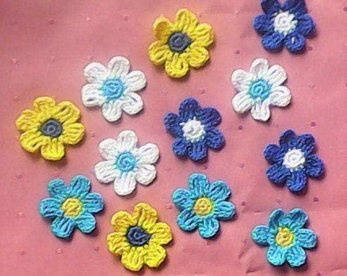 Colorful crochet flowers, 12 crocheted flower applications in the colors turquoise, blue, yellow and white