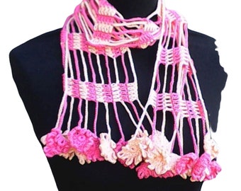 Pink crochet scarf with fringes, Lacy summer scarf with flower rim, gift for you, scarf, BoHo style fringe scarf length 53"