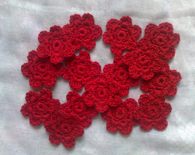 Set of 15 crocheted flower patches for crafts and scrapbooking in red cotton