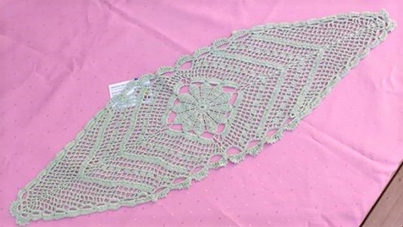Oval crochet cover in light green pastel colour 10 "x 32", 25 cm x 82 cm