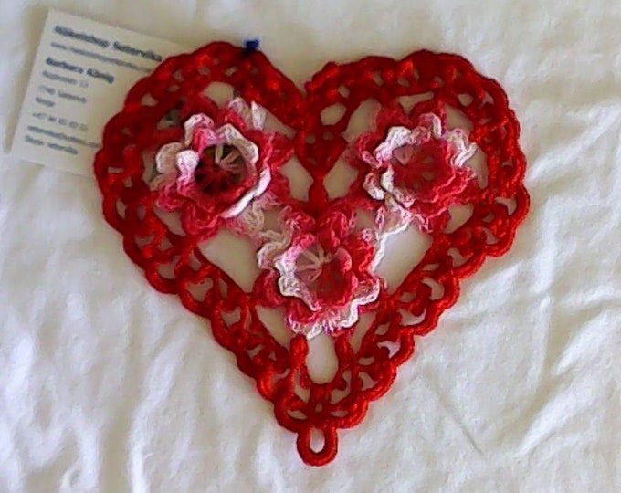 Thanksgiving Red crochet heart cover with 3D crochet flowers in pink and white