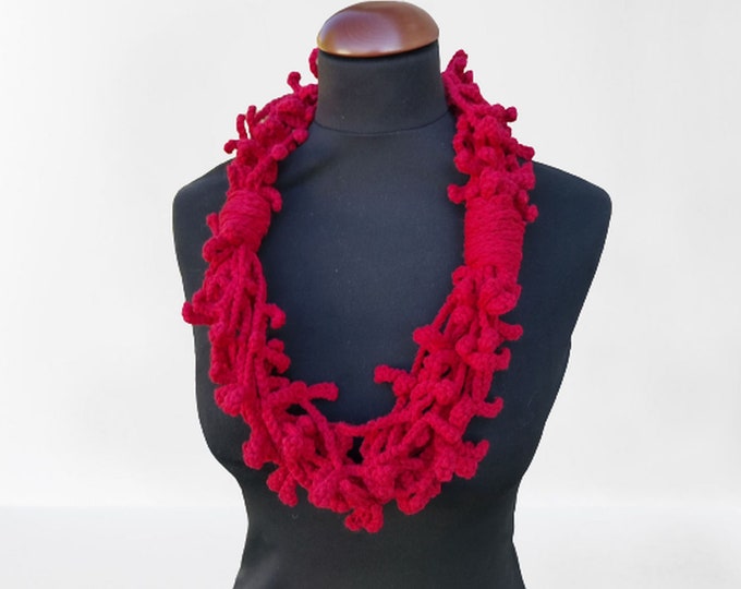 Thorny crochet necklace scarf, crochet lariat scarf, crochet jewelry scarf, red crocheted necklace, unique scarf, fashion accessory