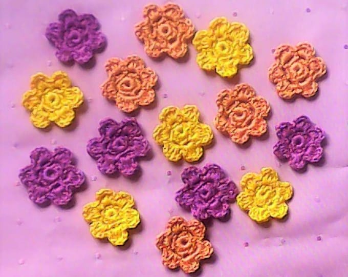 15 small crochet flowers patches in 3 colors for scrapbooking and decorating clothes or bags