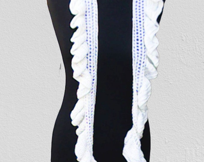 White scarf crocheted with ruffles, summer accessory, fashion for spring 60"