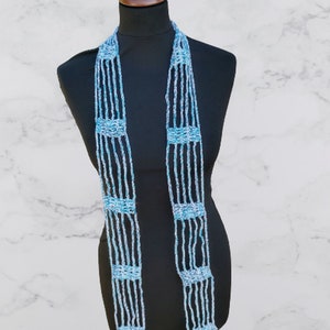 Pastel colored summer scarf, lightweight cotton crochet scarf with fringes, handmade crochet wrap with open end in blue and white