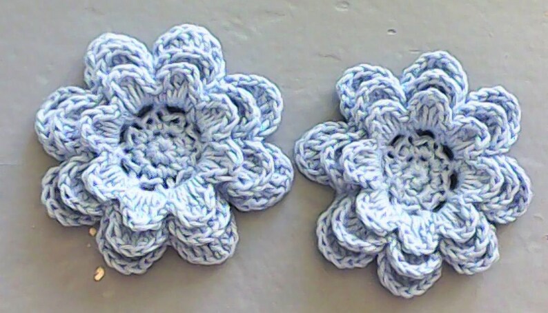 Crochet flowers 3-inch blue set 2 pieces in flower motif image 1