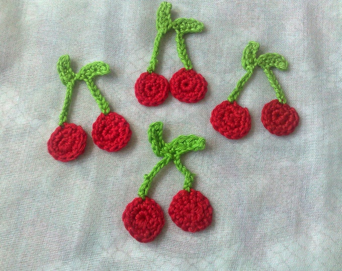 4 Red Cherry Patches Fake Food and Crocheted Toys 1 Pair of Cherries, Crochet Application, Handmade Crochet Patch