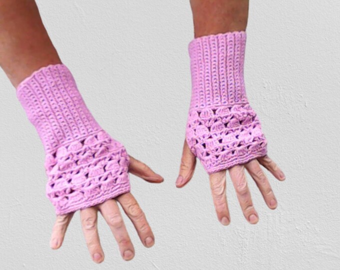 Arm warmers crocheted, fingerless gloves in light pink